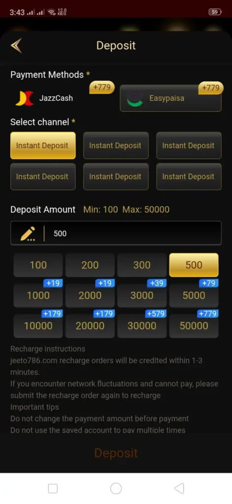 Deposit screen jeeto 786 game