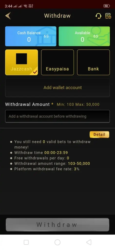withdraw screen jeeto 786 game